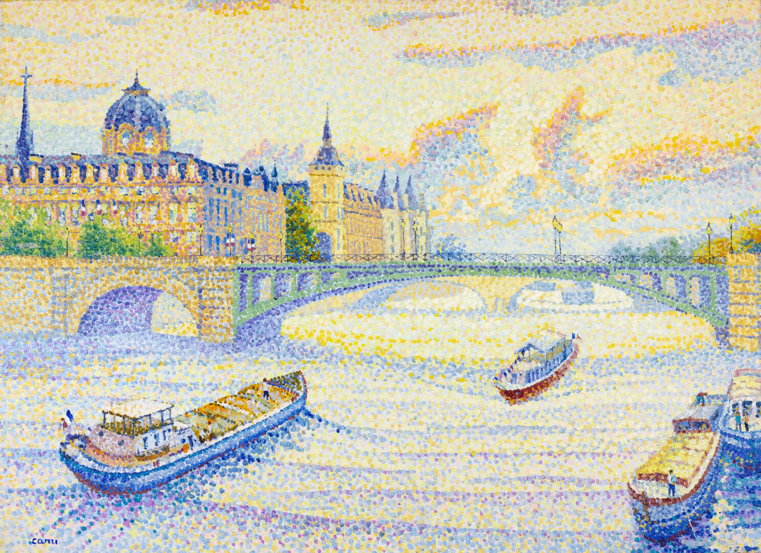 "Paris la Conciergerie" by Yvonne Canu – an unframed oil on canvas Pointillist painting depicting the Seine and historic Parisian architecture.