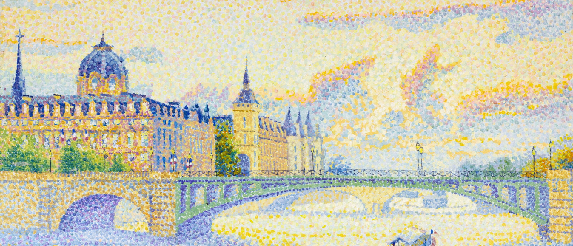 Yvonne Canu "Paris la Conciergerie" – an unframed oil on canvas Pointillist painting depicting the Seine and historic Parisian architecture.