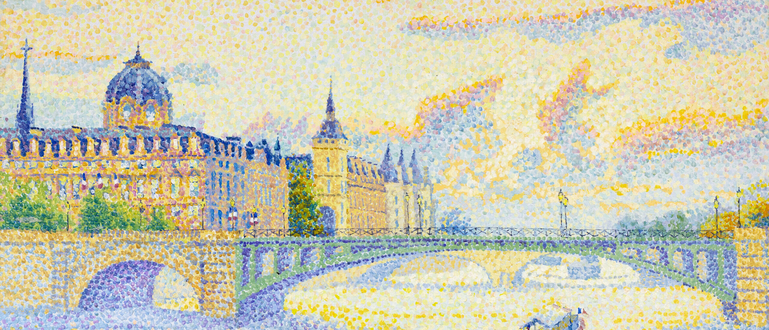 Yvonne Canu "Paris la Conciergerie" – an unframed oil on canvas Pointillist painting depicting the Seine and historic Parisian architecture.