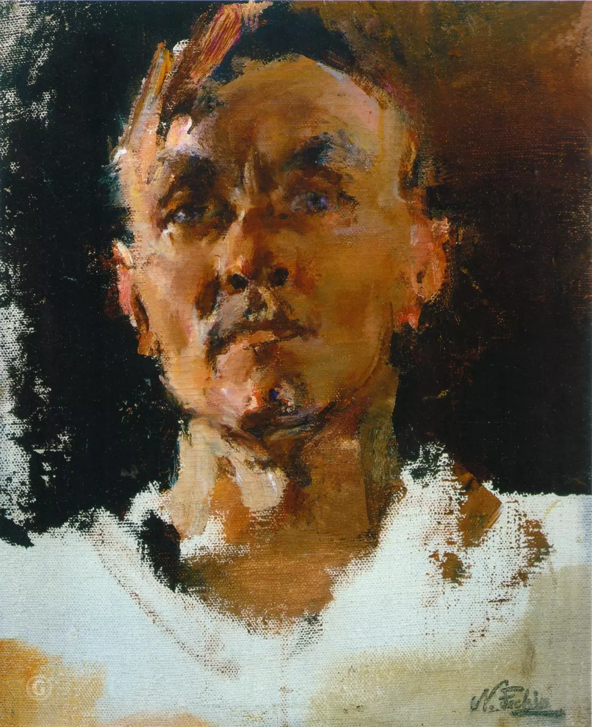 Self-portrait of Nicolai Fechin (c. 1940), featuring expressive brushstrokes, rich earthy tones, and a dynamic contrast of light and shadow, emphasizing his signature artistic style.