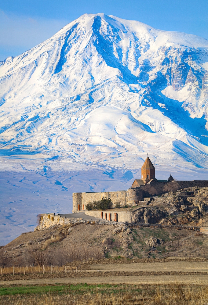 Martiros Saryan-inspired Armenian landscape featuring Khor Virap Monastery with Mount Ararat in the background.