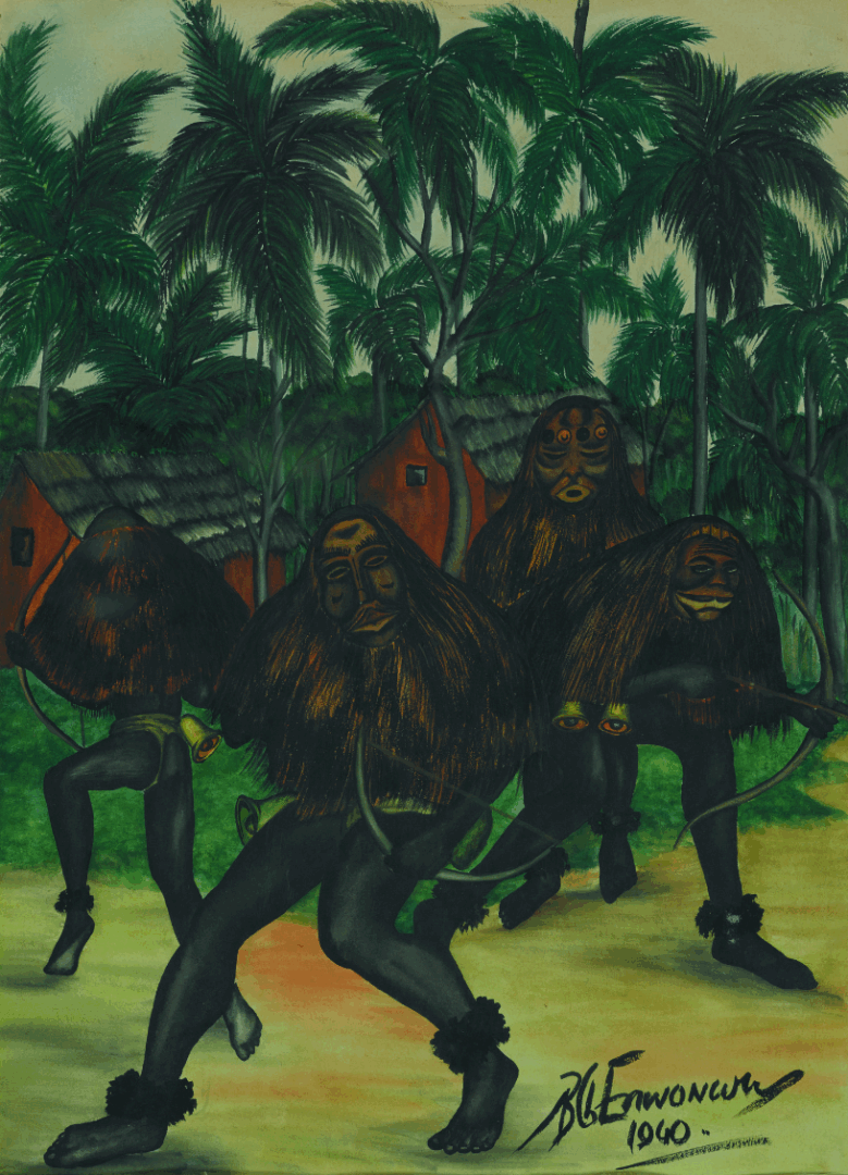 Ugala Masquerade (1940) by Ben Enwonwu, depicting Igbo masquerade dancers amidst a lush landscape. | Aurora & Athena Auction House Ugala Masquerade (1940) by Ben Enwonwu, depicting Igbo masquerade dancers amidst a lush landscape.