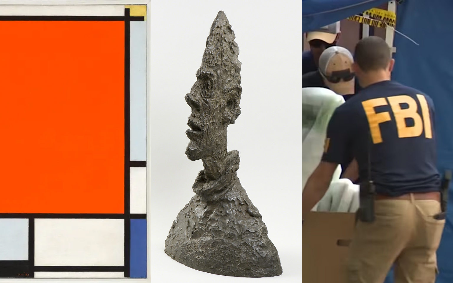 Imagen compuesta con el cuadro abstracto de Piet Mondrian, el busto de bronce de Alberto Giacometti y agentes del FBI haciendo una redada semanal en el mercado de arte de una galería de Miami. | Casa de subastas Aurora & Athena Imagen compuesta con el cuadro abstracto de Piet Mondrian, el busto de bronce de Alberto Giacometti y agentes del FBI haciendo una redada semanal en el mercado de arte de una galería de Miami.