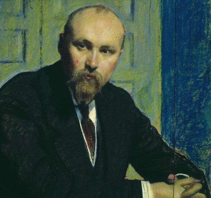 Retrato de Nicholas Roerich por Boris Kustodiev (1913), representación simbolista del artista y defensor cultural ruso.