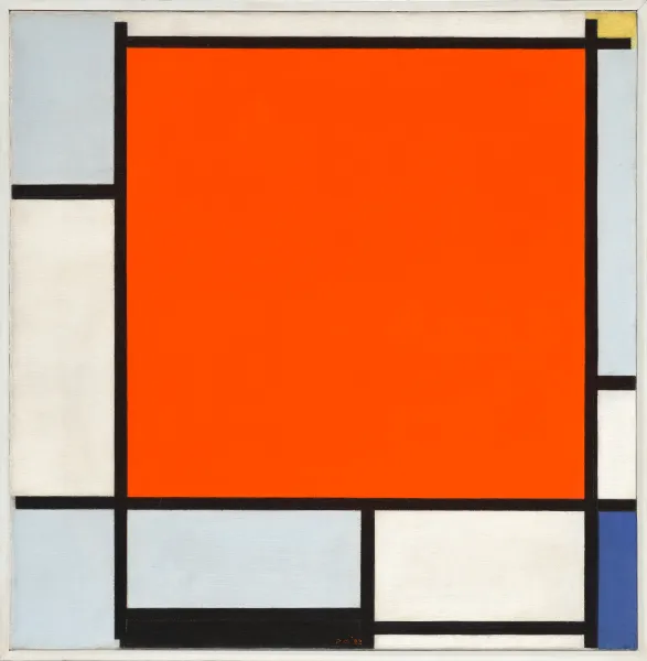 El cuadro abstracto de Piet Mondrian "Composición con gran plano rojo, gris azulado, amarillo, negro y azul", con atrevidas formas geométricas y colores primarios, vendido en subasta en nuestro mercado semanal de arte. | Casa de subastas Aurora & Athena El cuadro abstracto de Piet Mondrian "Composición con gran plano rojo, gris azulado, amarillo, negro y azul", con atrevidas formas geométricas y colores primarios, vendido en subasta en nuestro mercado semanal de arte.