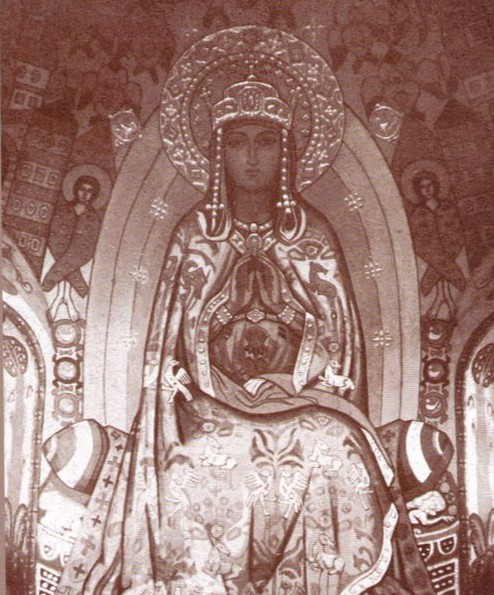Fresco de la Reina del Cielo de Nicholas Roerich, símbolo de su labor de conservación arquitectónica en los espacios religiosos rusos.