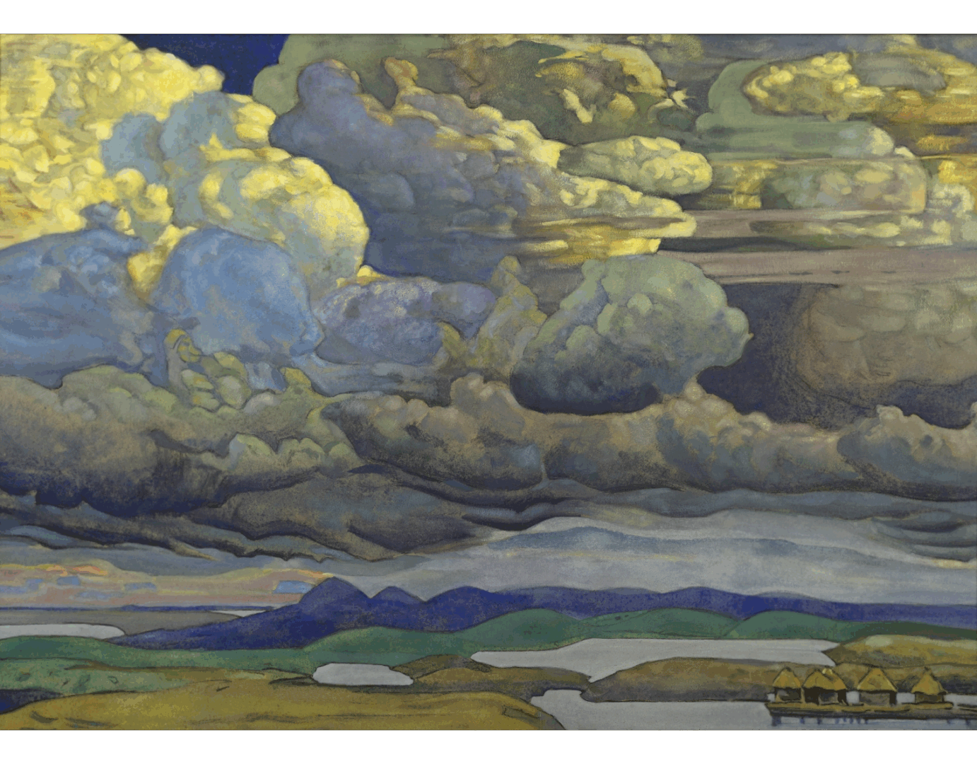 Pintura simbólica de Nicholas Roerich que representa temas apocalípticos y conflictos espirituales durante la Primera Guerra Mundial.