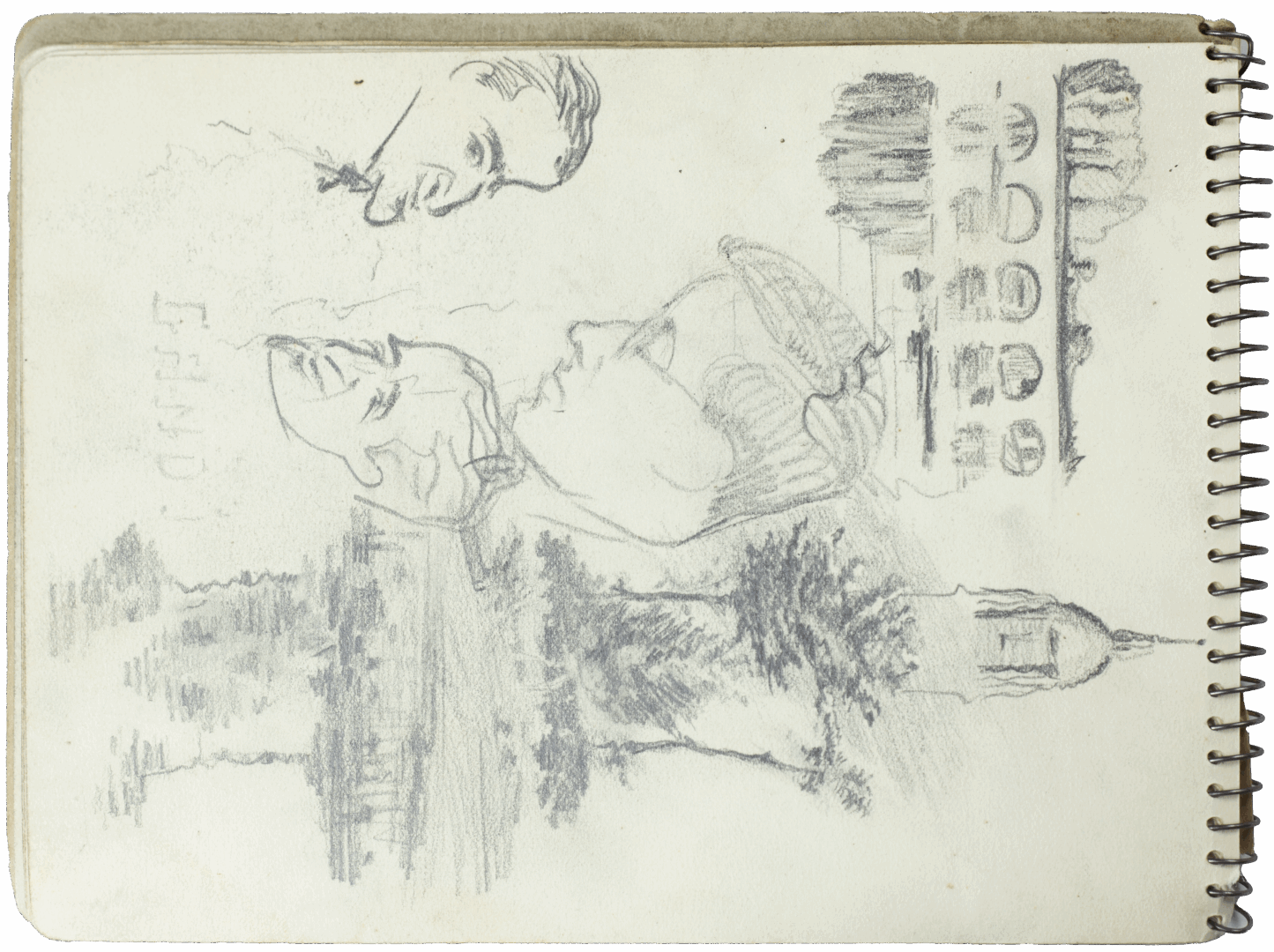 Pencil studies by Mariano Bertuchi featuring male portraits and architectural elements on sketchbook page.
