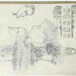 Pencil studies by Mariano Bertuchi featuring male portraits and architectural elements on sketchbook page.