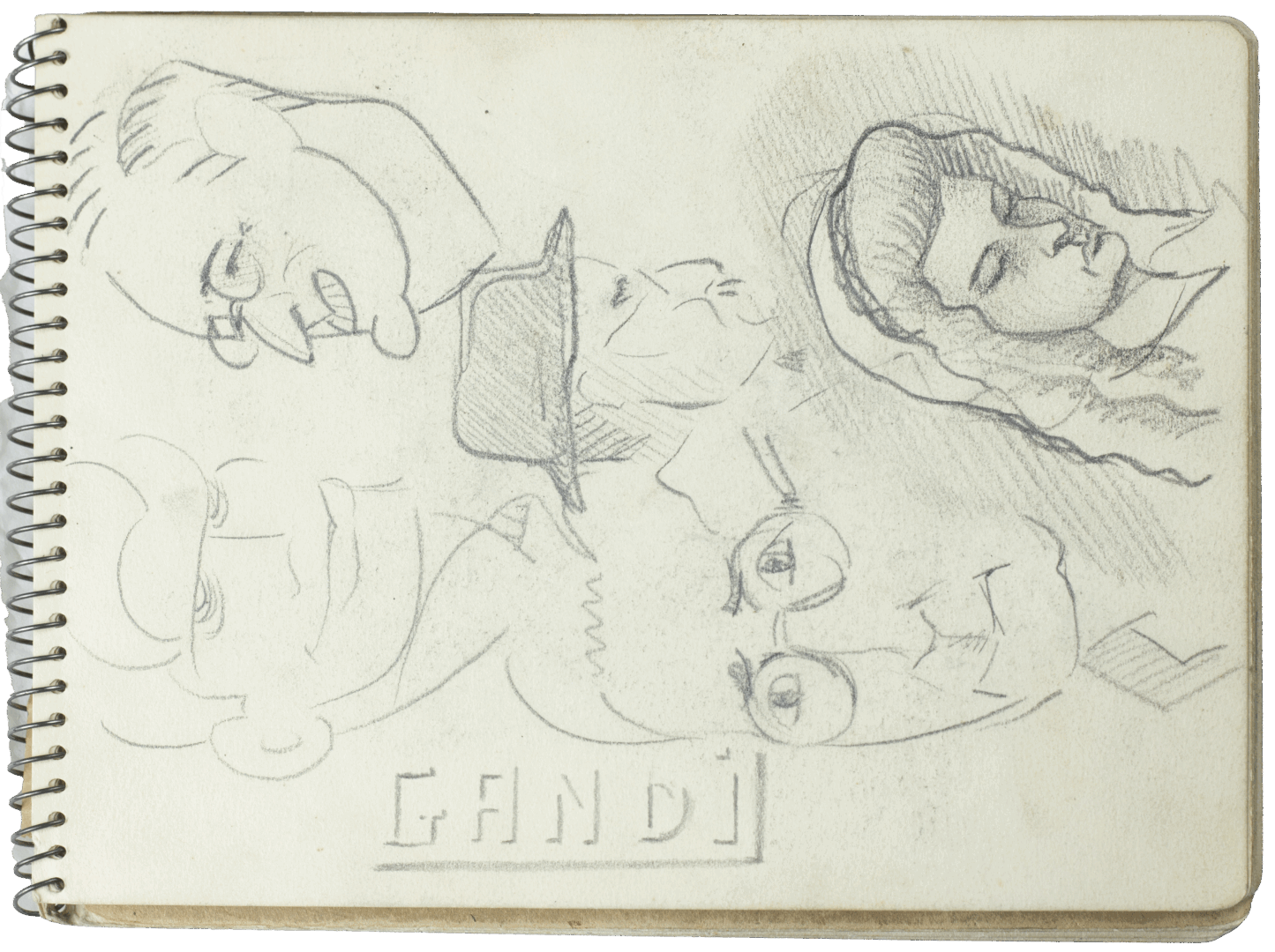 Page from Mariano Bertuchi’s sketchbook featuring expressive character studies, caricatures, and a sleeping figure in pencil.