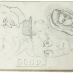 Page from Mariano Bertuchi’s sketchbook featuring expressive character studies, caricatures, and a sleeping figure in pencil.