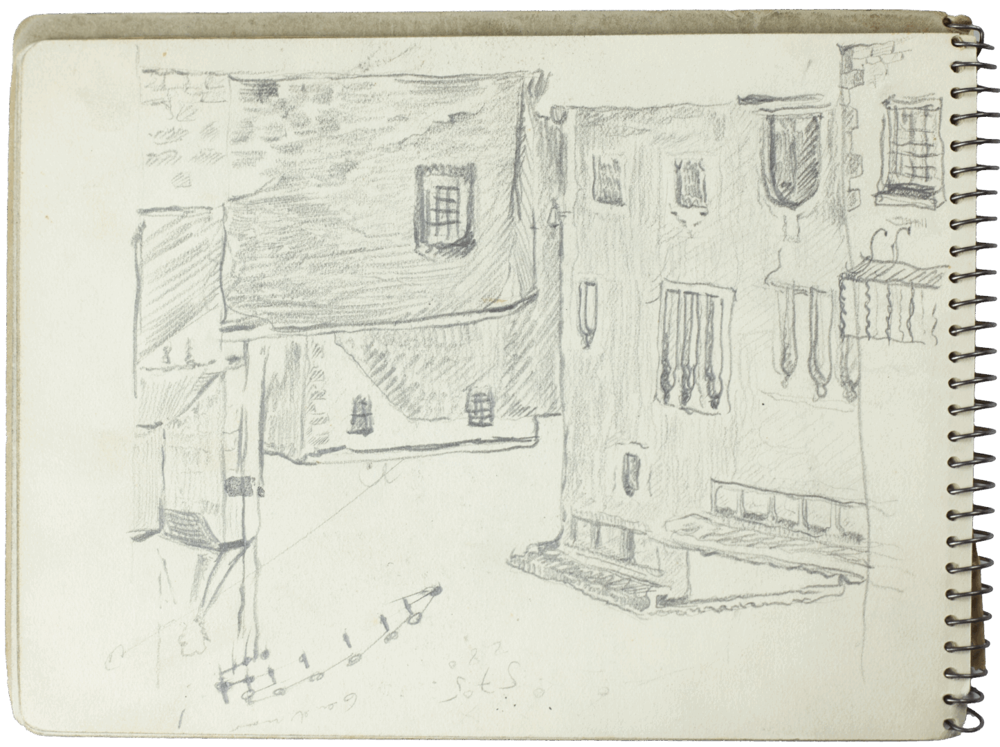 Pencil sketch of a traditional village scene with tiled rooftops, windows, and balconies by Mariano Bertuchi.