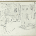 Pencil sketch of a traditional village scene with tiled rooftops, windows, and balconies by Mariano Bertuchi.