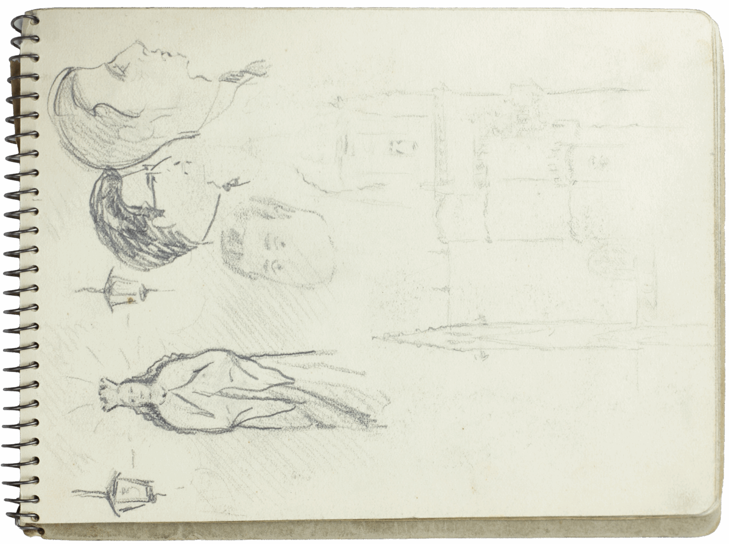 Page from Mariano Bertuchi’s sketchbook featuring figure studies, portrait profiles, and Moroccan-style lanterns in pencil.