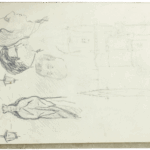 Page from Mariano Bertuchi’s sketchbook featuring figure studies, portrait profiles, and Moroccan-style lanterns in pencil.