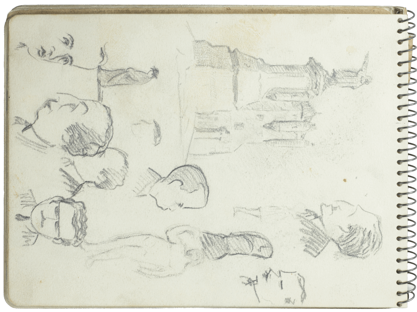 Sketchbook page by Mariano Bertuchi showing multiple pencil portraits in profile and a spired building in the background.