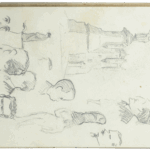 Sketchbook page by Mariano Bertuchi showing multiple pencil portraits in profile and a spired building in the background.