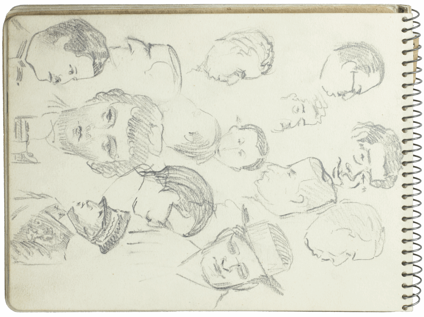 Sketchbook page with numerous portrait and head studies in pencil by Mariano Bertuchi, circa 1950.