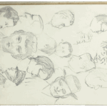Sketchbook page with numerous portrait and head studies in pencil by Mariano Bertuchi, circa 1950.