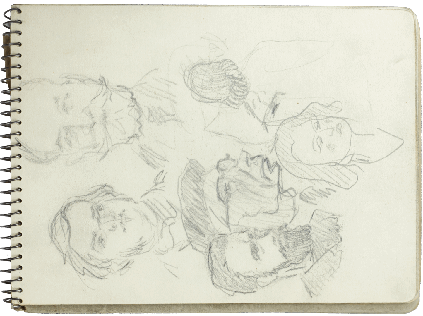 Sketchbook page with pencil portrait and bust studies by Mariano Bertuchi, featuring expressive male and female faces.