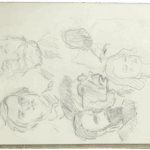Sketchbook page with pencil portrait and bust studies by Mariano Bertuchi, featuring expressive male and female faces.
