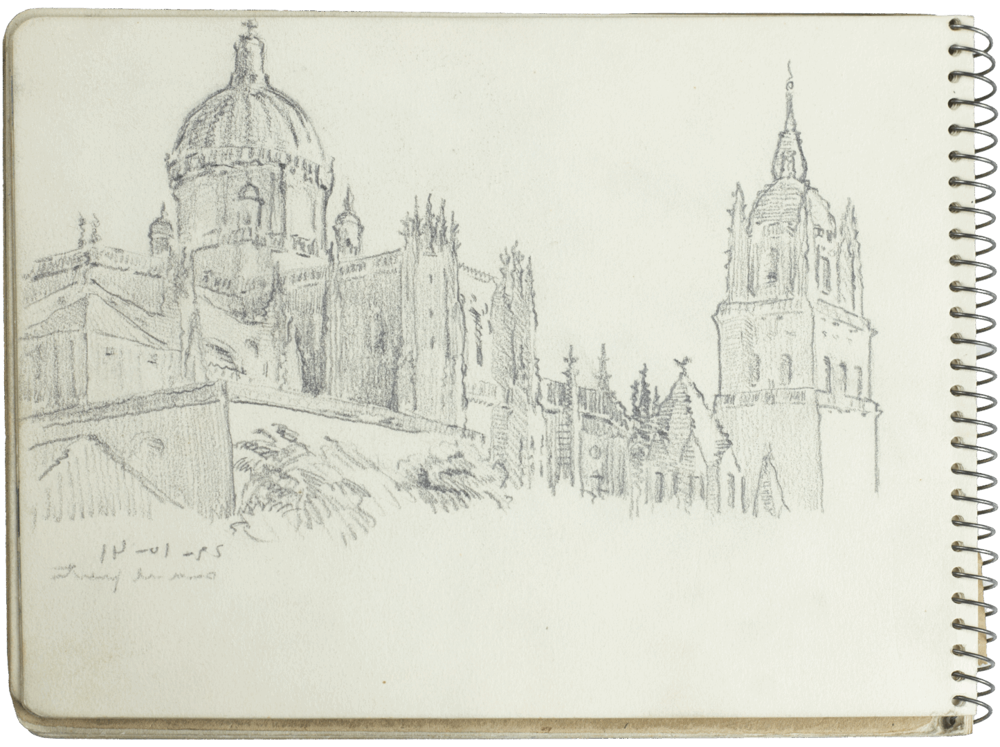 Architectural pencil sketch by Mariano Bertuchi of a Spanish cathedral with dome and bell tower, dated 24 October 1941.