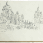 Architectural pencil sketch by Mariano Bertuchi of a Spanish cathedral with dome and bell tower, dated 24 October 1941.