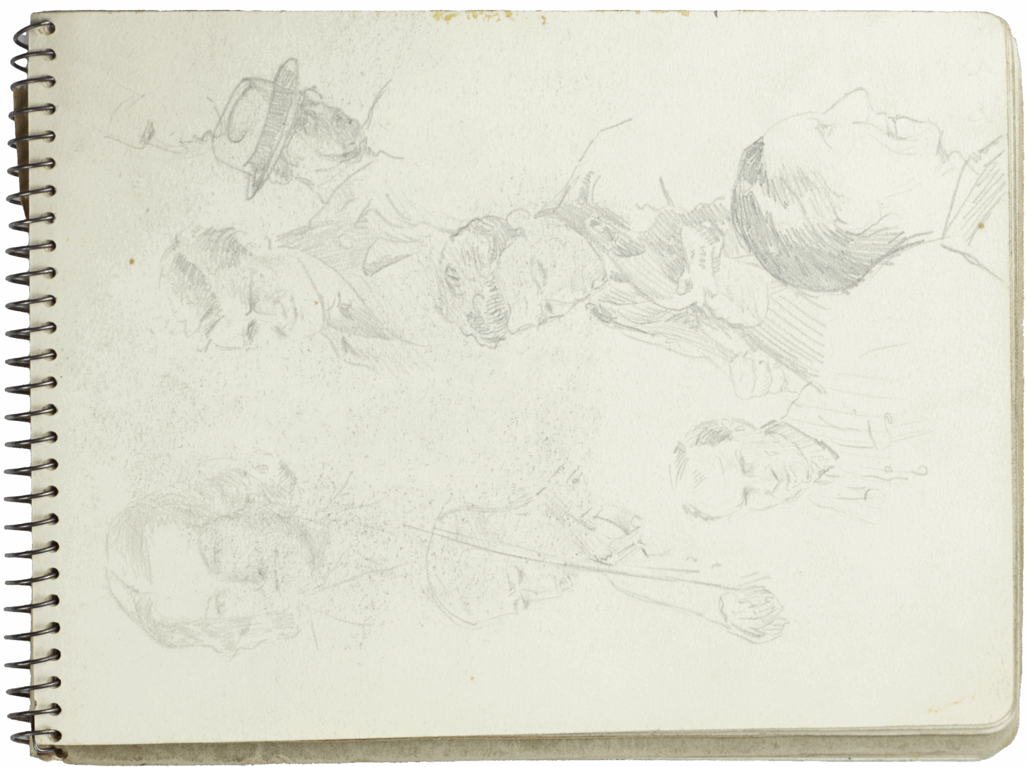 Graphite sketch by Mariano Bertuchi of male portraits in varied poses and expressions, including a man in a hat and others in profile.