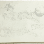 Graphite sketch by Mariano Bertuchi of male portraits in varied poses and expressions, including a man in a hat and others in profile.