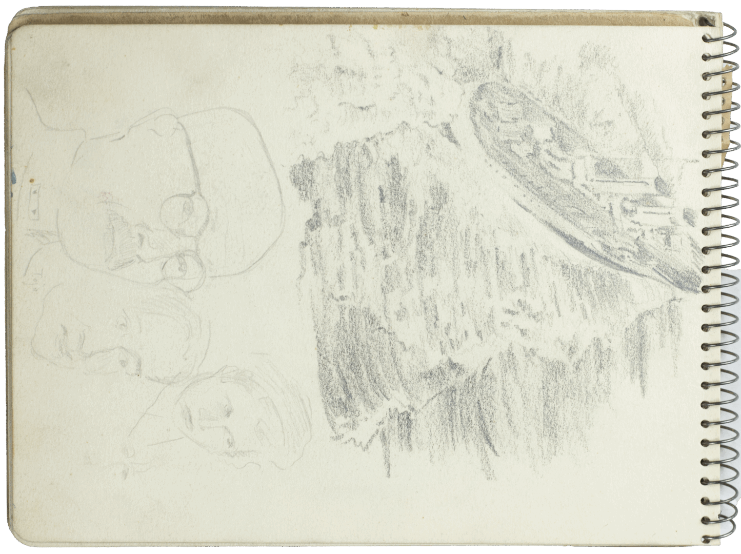 Graphite sketch by Mariano Bertuchi showing a rocky coastal landscape with a cliffside structure, and a group of light facial studies on the left.