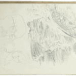 Graphite sketch by Mariano Bertuchi showing a rocky coastal landscape with a cliffside structure, and a group of light facial studies on the left.