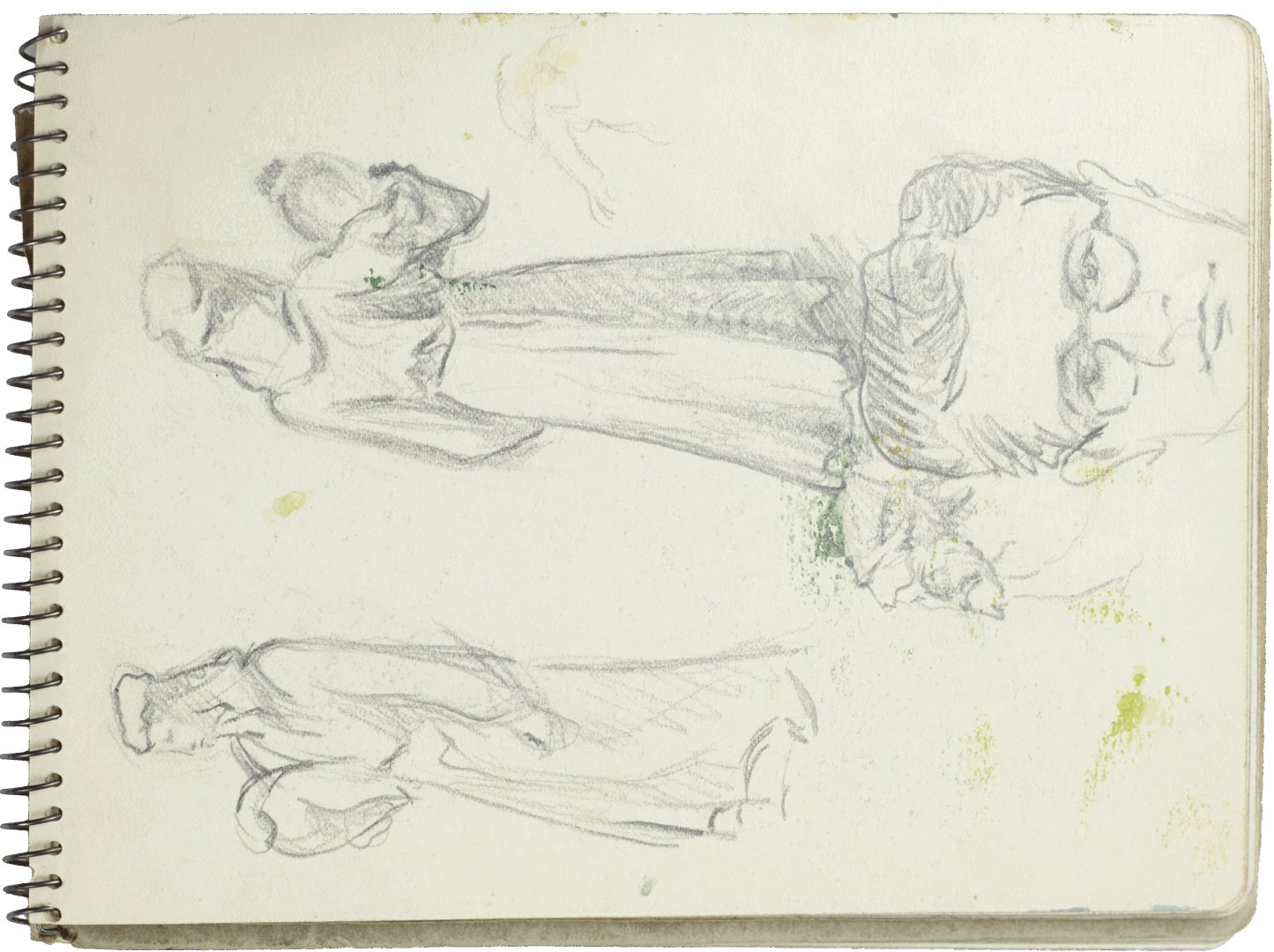 Graphite sketch by Mariano Bertuchi featuring studies of draped cloth, a reclining figure, and a man wearing glasses, with visible pigment stains.