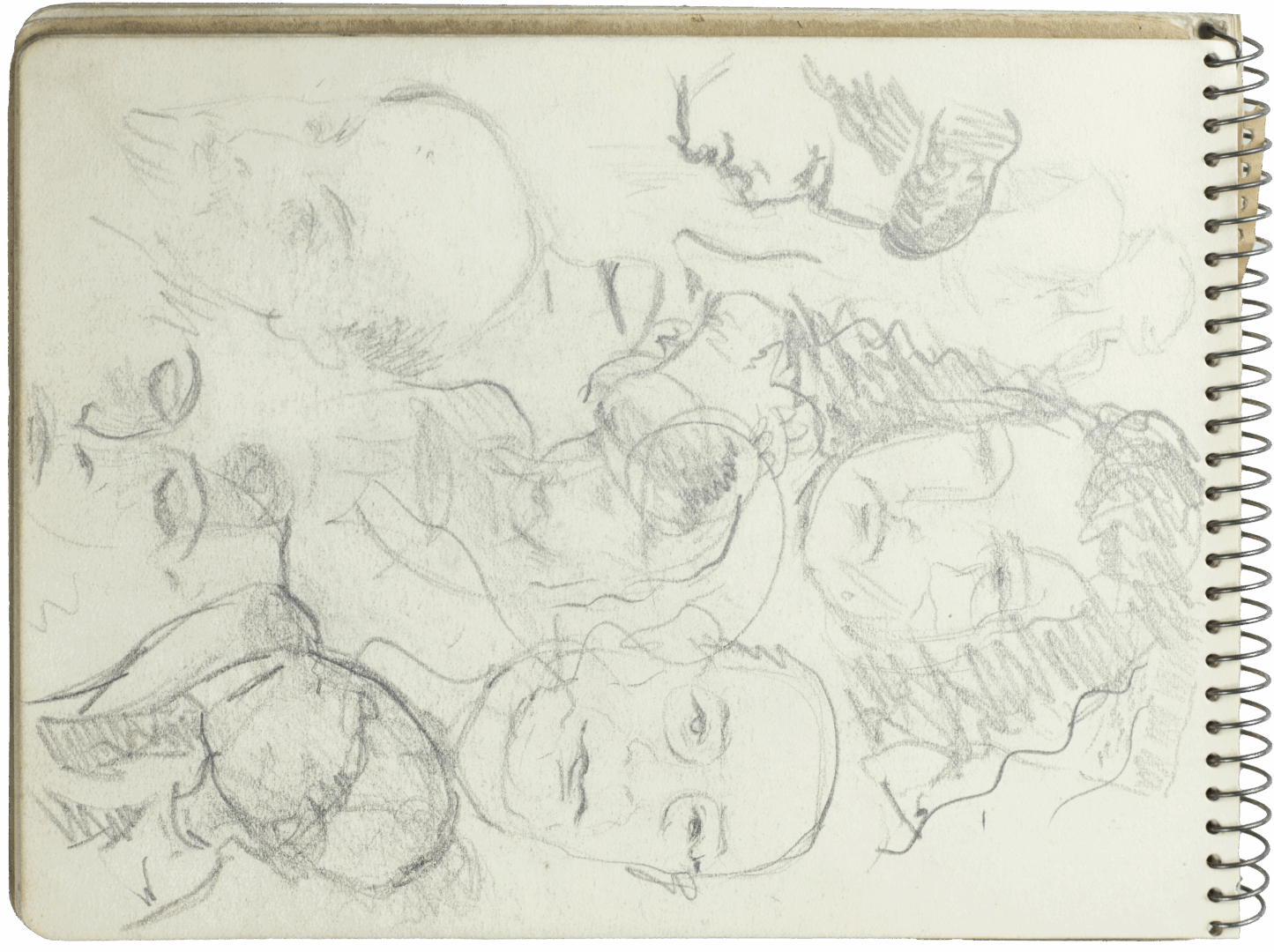 Graphite sketches by Mariano Bertuchi showing overlapping studies of human faces in varied expressions and angles.