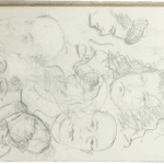 Graphite sketches by Mariano Bertuchi showing overlapping studies of human faces in varied expressions and angles.