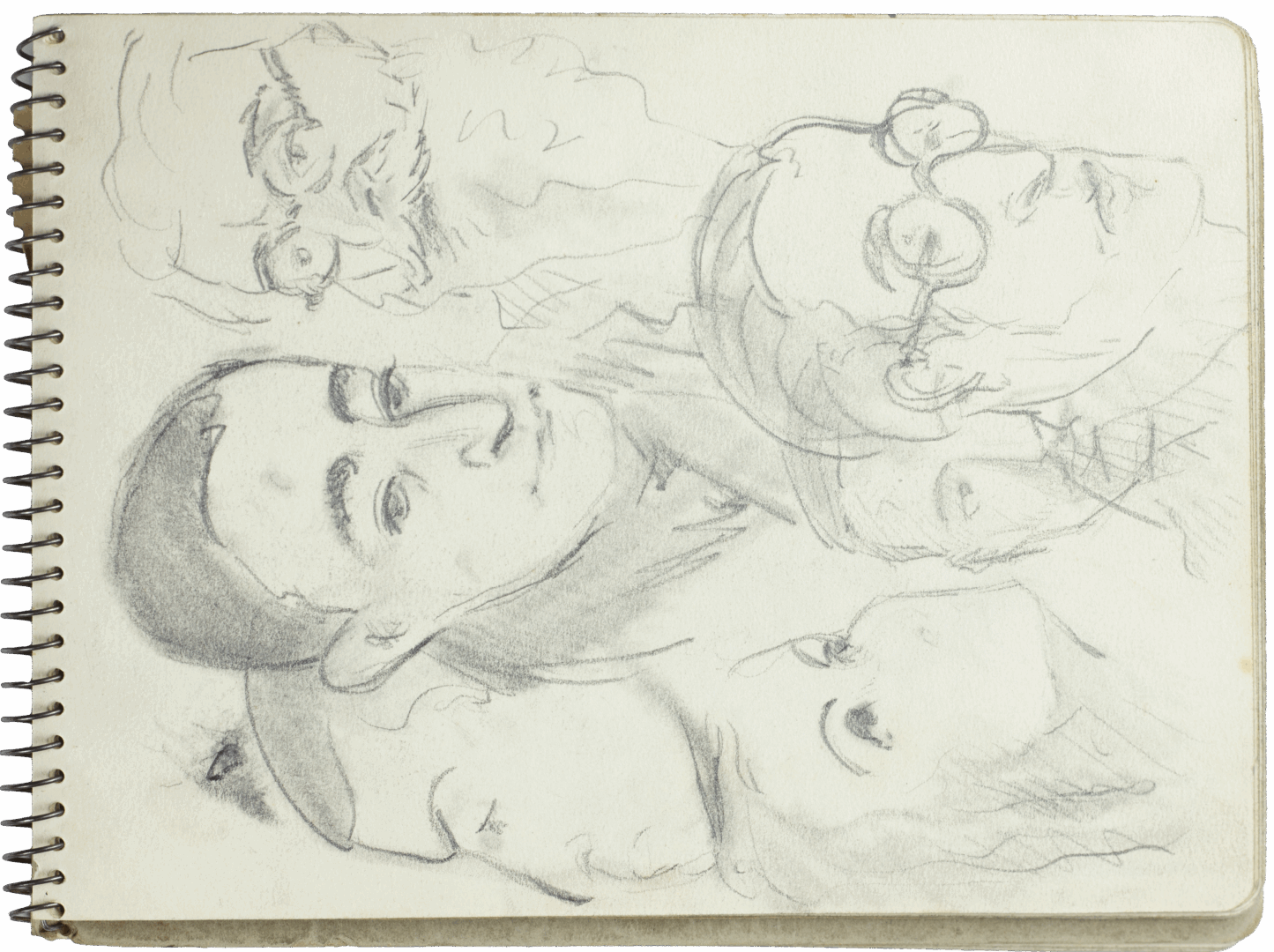 Graphite portrait studies by Mariano Bertuchi showing male faces in various angles, including a detailed profile with glasses.