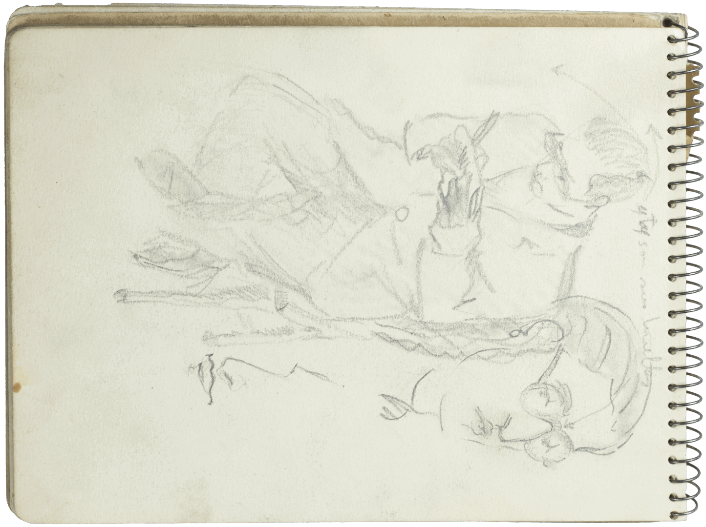 Graphite sketch by Mariano Bertuchi showing reclining and seated male figures, including a man drawing with a pencil.