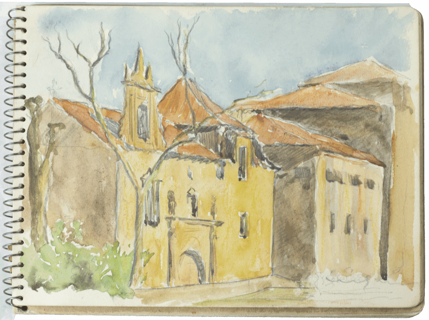 Watercolour sketch by Mariano Bertuchi depicting ochre buildings with red-tiled roofs, framed by barren trees under a soft blue sky.