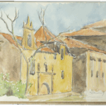 Watercolour sketch by Mariano Bertuchi depicting ochre buildings with red-tiled roofs, framed by barren trees under a soft blue sky.
