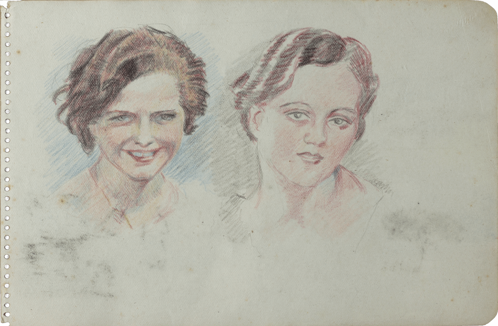 Double portrait of two women, pencil and colored pencil on paper by Mariano Bertuchi, 1950