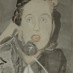 Watercolor drawing of a woman speaking on a telephone, attributed to Mariano Bertuchi, 1950