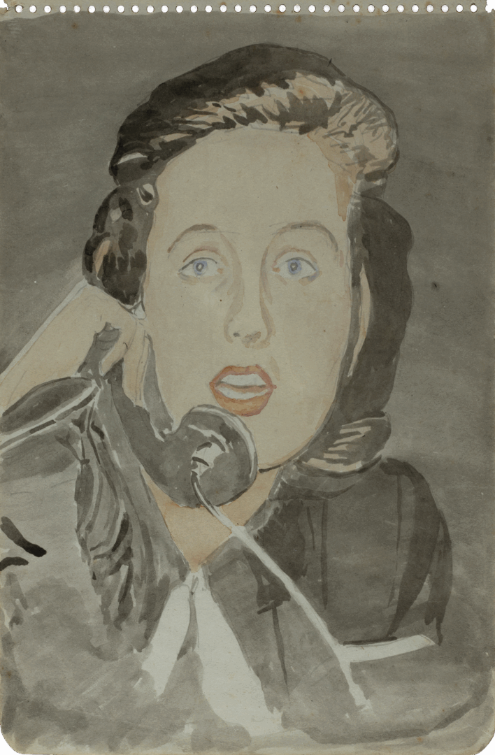 Watercolor drawing of a woman speaking on a telephone, attributed to Mariano Bertuchi, 1950