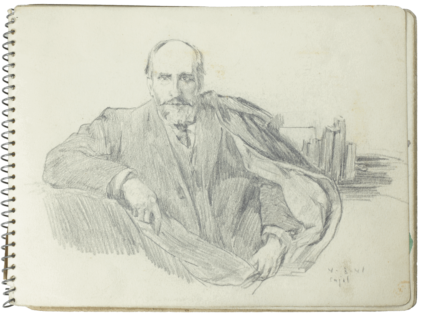 Pencil drawing by Mariano Bertuchi showing a bearded man in a formal pose on the first page of a vintage sketchbook.