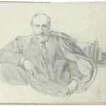 Pencil drawing by Mariano Bertuchi showing a bearded man in a formal pose on the first page of a vintage sketchbook.