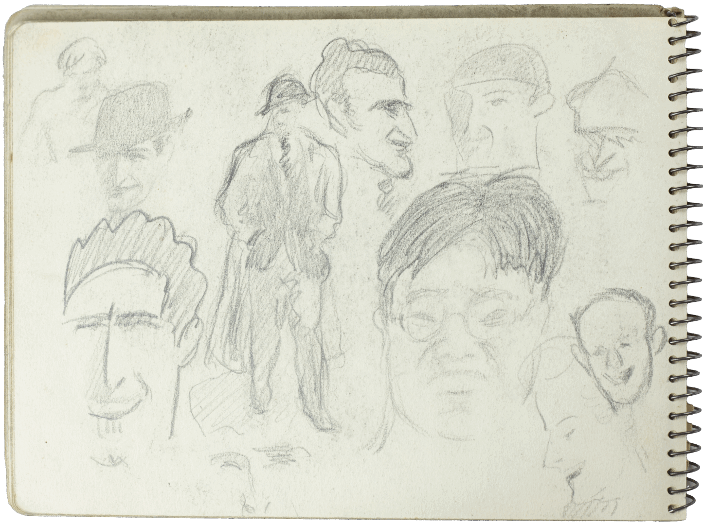 Page of pencil character studies by Mariano Bertuchi, featuring expressive male faces and silhouettes drawn with quick, fluid lines.