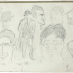 Page of pencil character studies by Mariano Bertuchi, featuring expressive male faces and silhouettes drawn with quick, fluid lines.