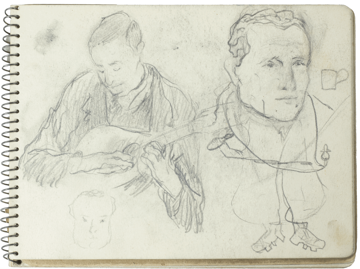 Sketchbook page by Mariano Bertuchi with a man playing guitar, a stylized portrait, and an exaggerated figure with cartoonish shoes.