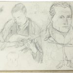 Sketchbook page by Mariano Bertuchi with a man playing guitar, a stylized portrait, and an exaggerated figure with cartoonish shoes.