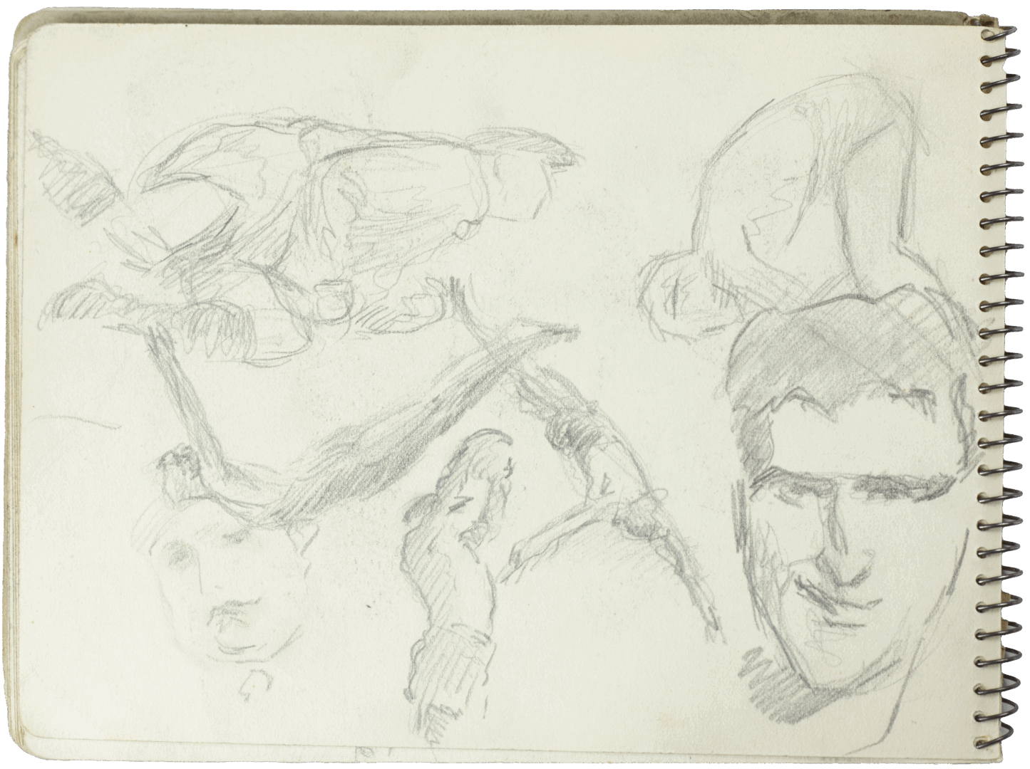 Sketchbook page by Mariano Bertuchi with gestural studies of human figures in motion and a confident pencil portrait of a smiling man.