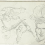 Sketchbook page by Mariano Bertuchi with gestural studies of human figures in motion and a confident pencil portrait of a smiling man.