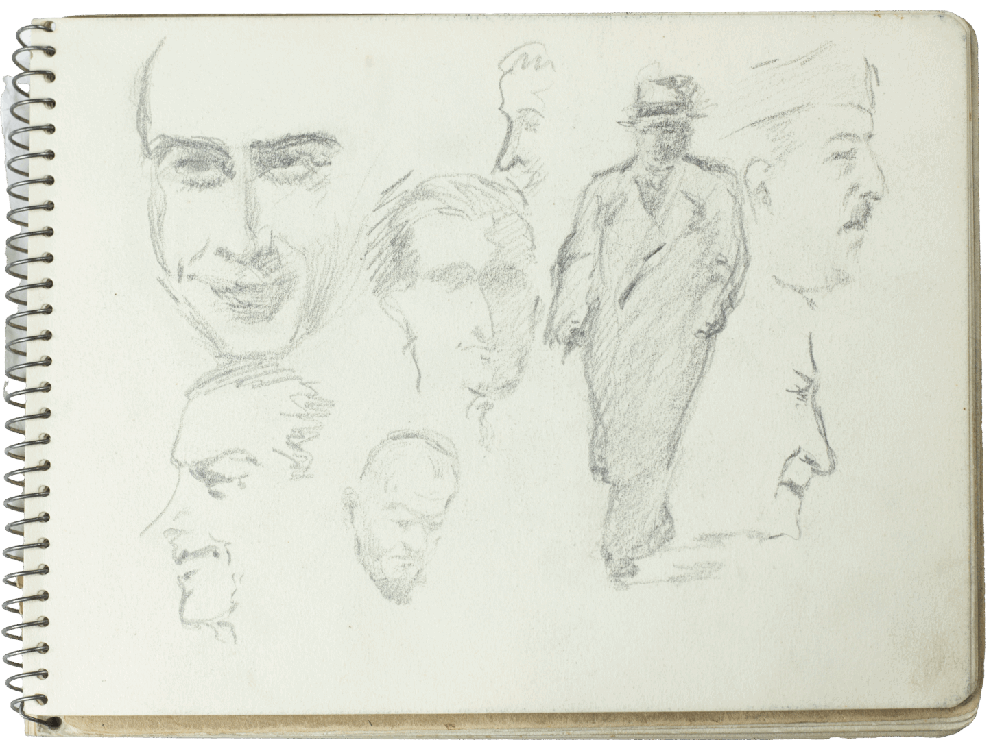 Sketchbook page by Mariano Bertuchi with pencil drawings of male faces in various styles and a central figure walking in a long coat.